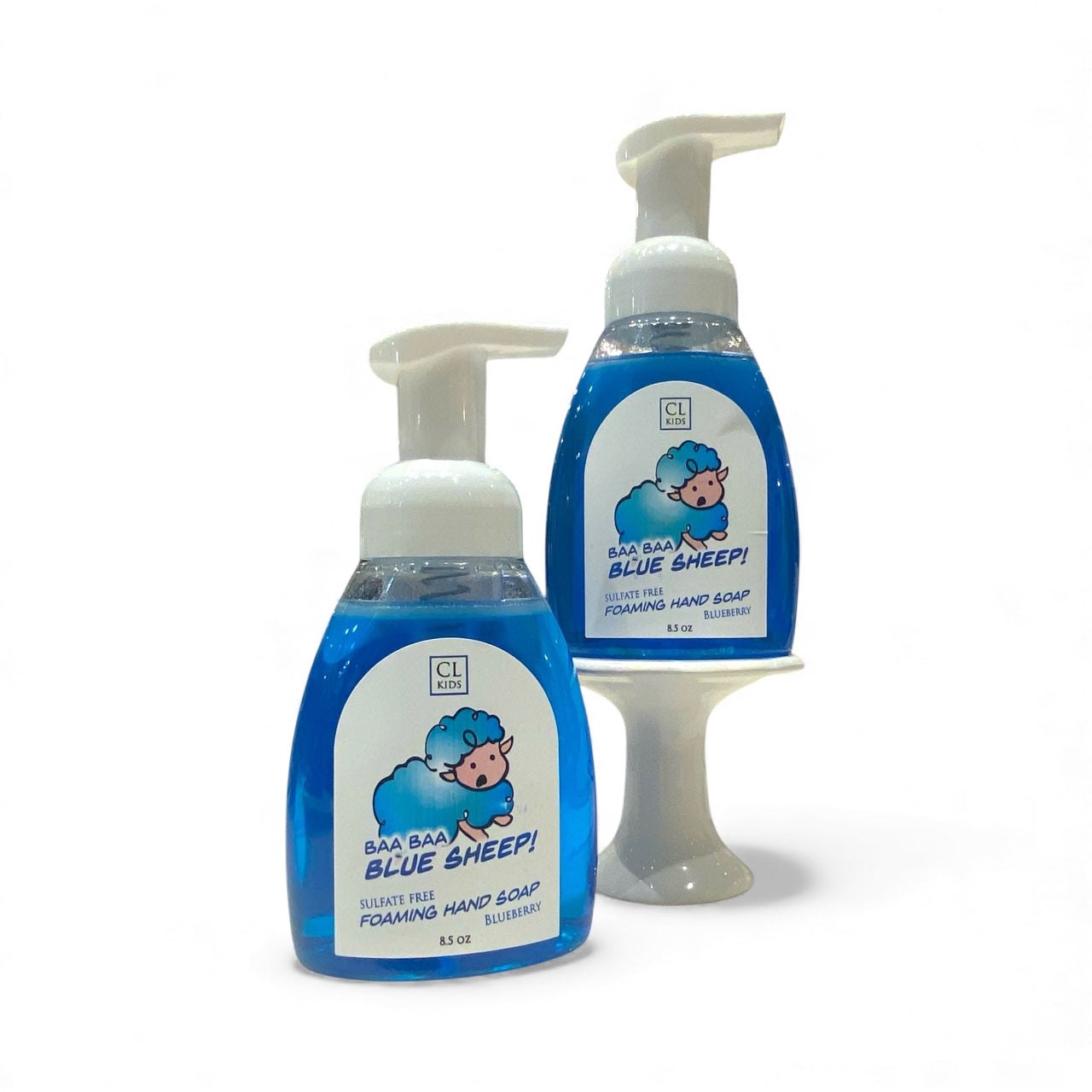 Two bottles of 'Baa Baa Blue Sheep' foaming hand soap on a white background