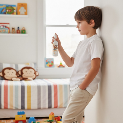 Child holding a bottle in a room with toys and a bed in the background