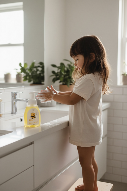 Child washing hands with soap in a bathroom