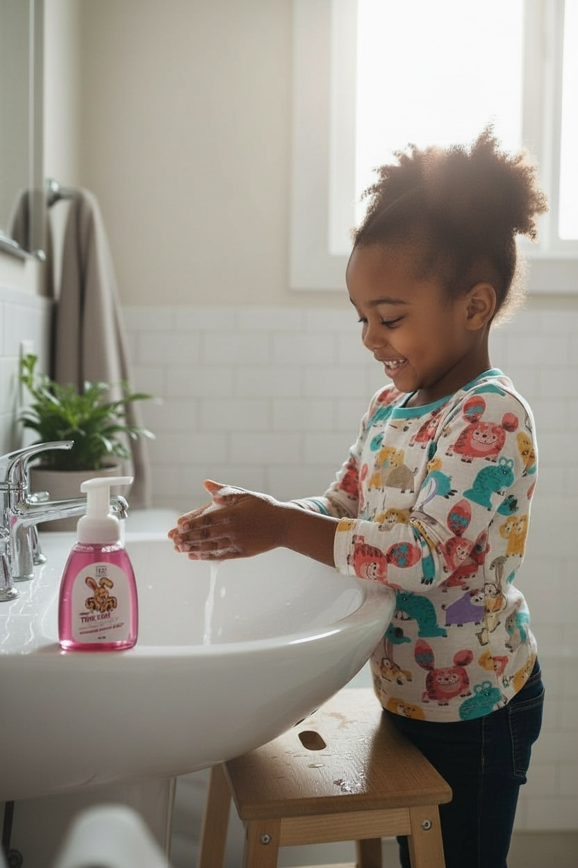 Child washing hands with soap at a sink in a bathroom