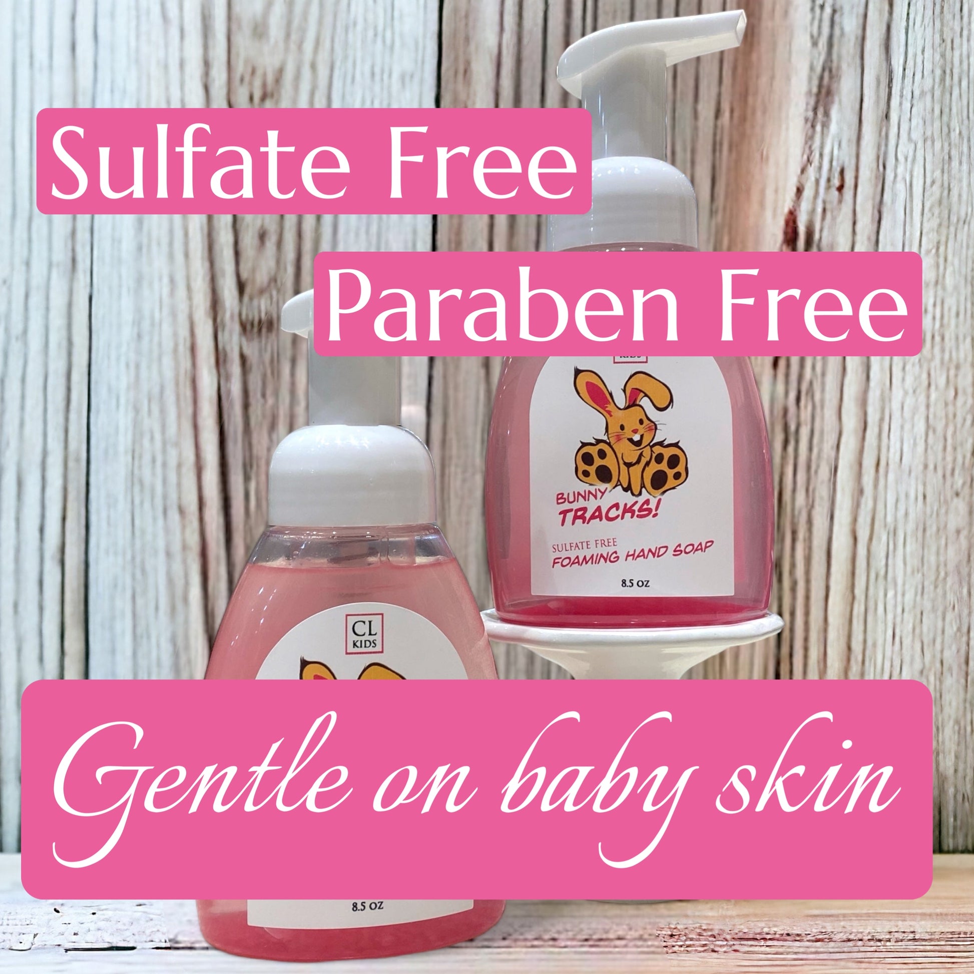 Bunny Tracks foaming hand soap bottles with sulfate-free, paraben-free, and gentle on baby skin text on a wooden background.