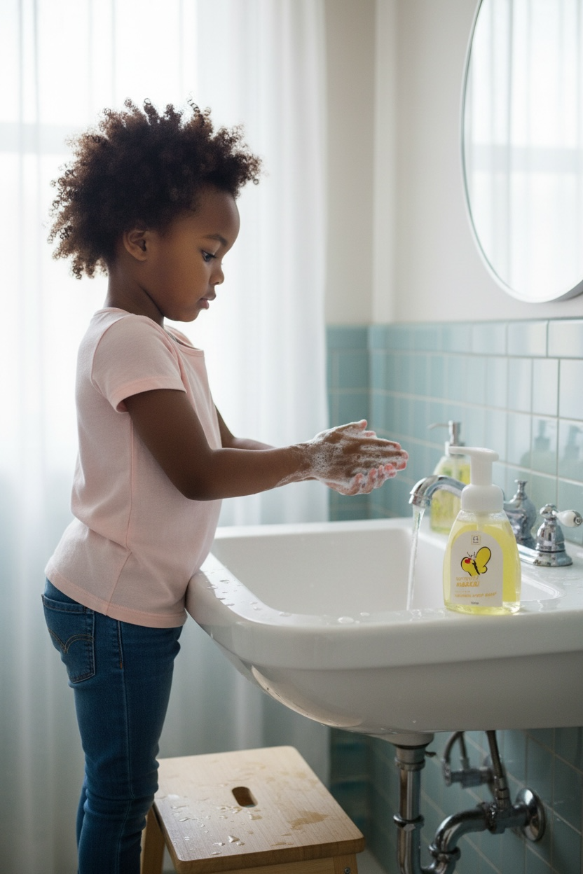 Child washing hands at a sink with soap and water