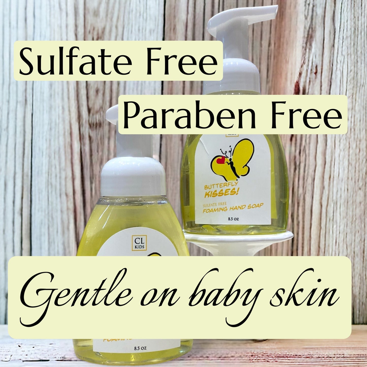 Two bottles of CL Kids hand soap with text highlighting sulfate-free, paraben-free, and gentle on baby skin properties.
