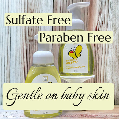 Two bottles of CL Kids hand soap with text highlighting sulfate-free, paraben-free, and gentle on baby skin properties.