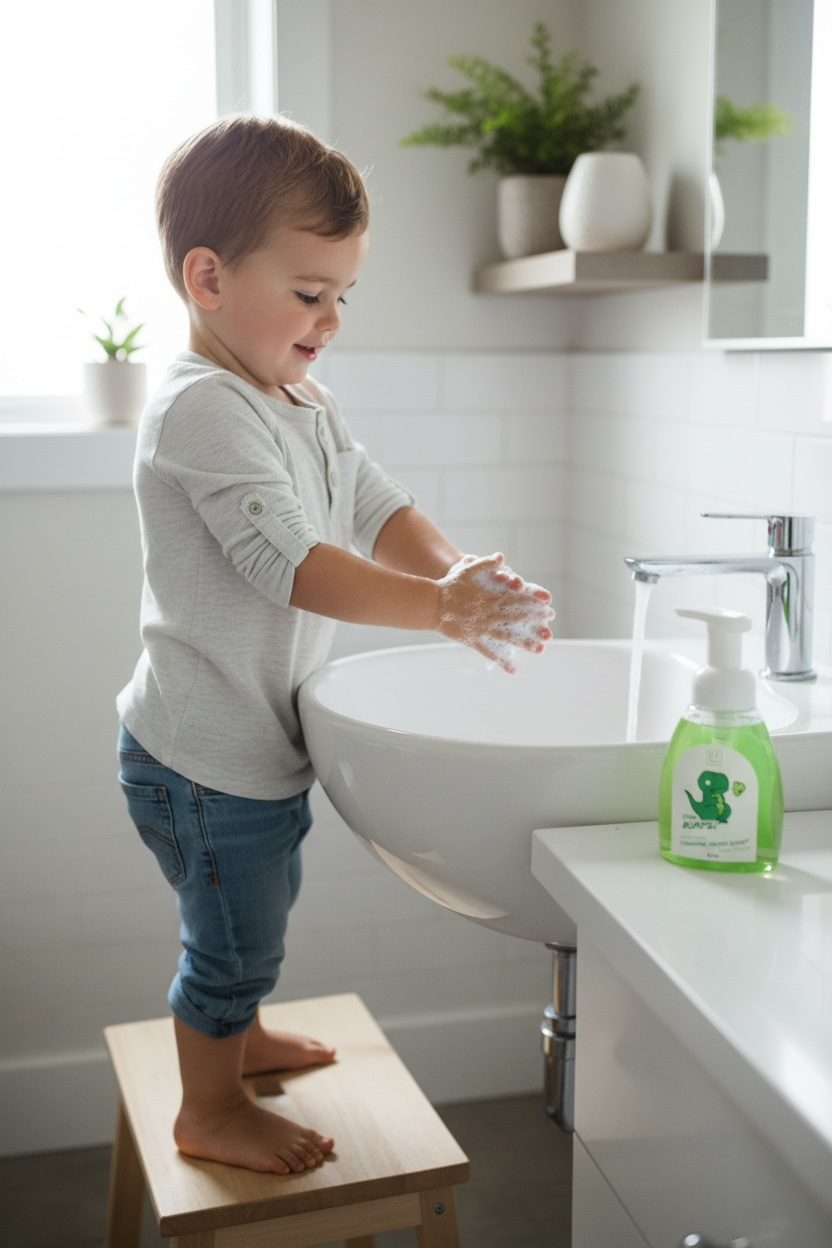 Child washing hands with soap in a bathroom