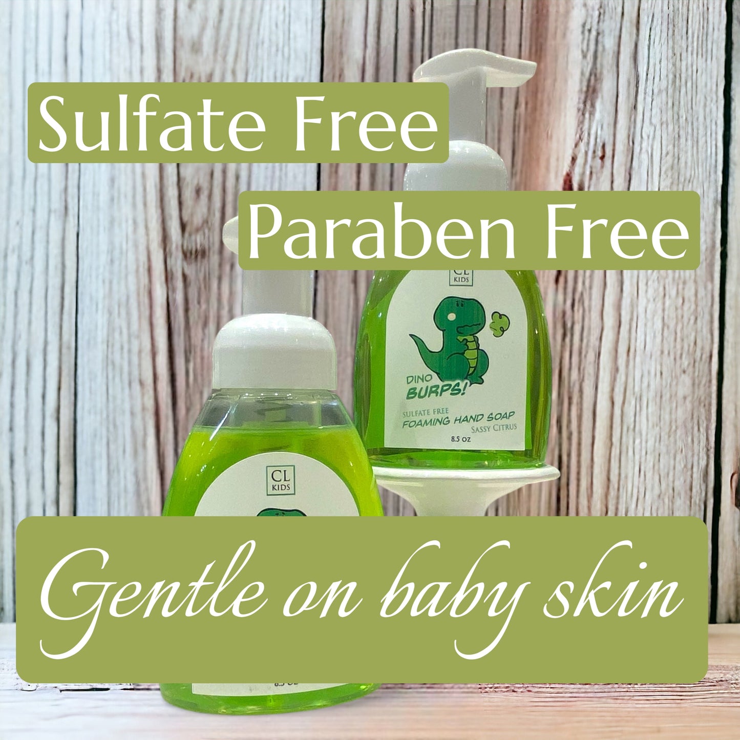 Green bottles of hand soap with text highlighting sulfate-free, paraben-free, and gentle on baby skin properties.