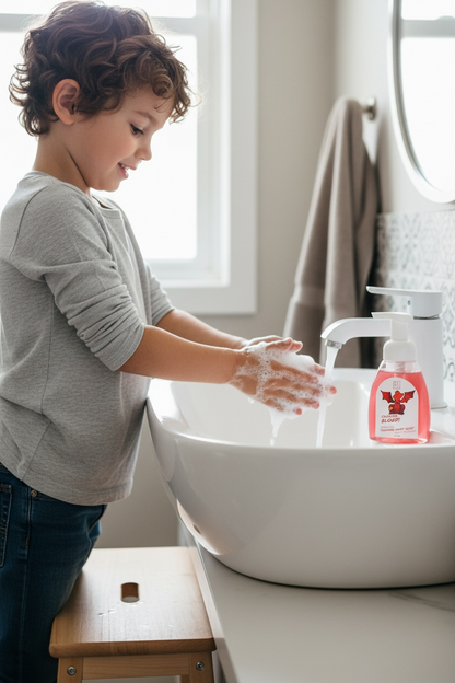 Child washing hands with soap at a sink in a bathroom