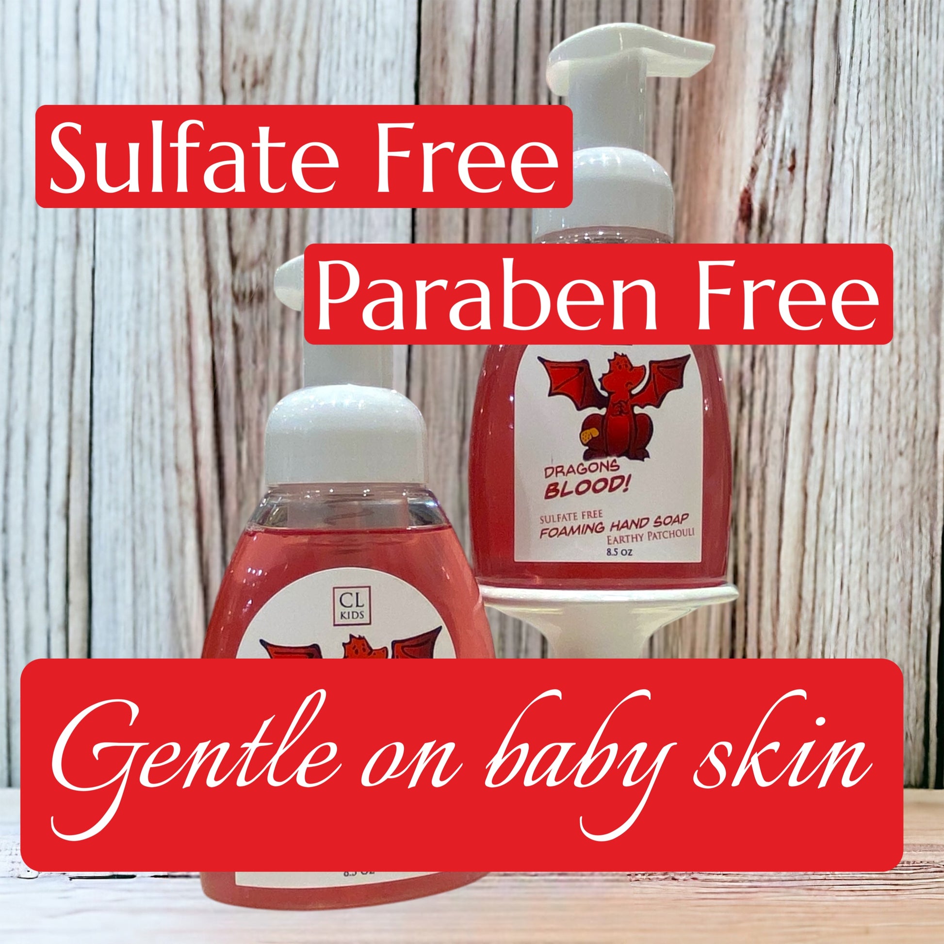 Two bottles of soap with text highlighting sulfate-free, paraben-free, and gentle on baby skin properties.