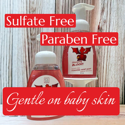 Two bottles of soap with text highlighting sulfate-free, paraben-free, and gentle on baby skin properties.