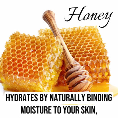 Honeycomb with honey and a wooden dipper on a white background, with text about honey's hydrating properties.