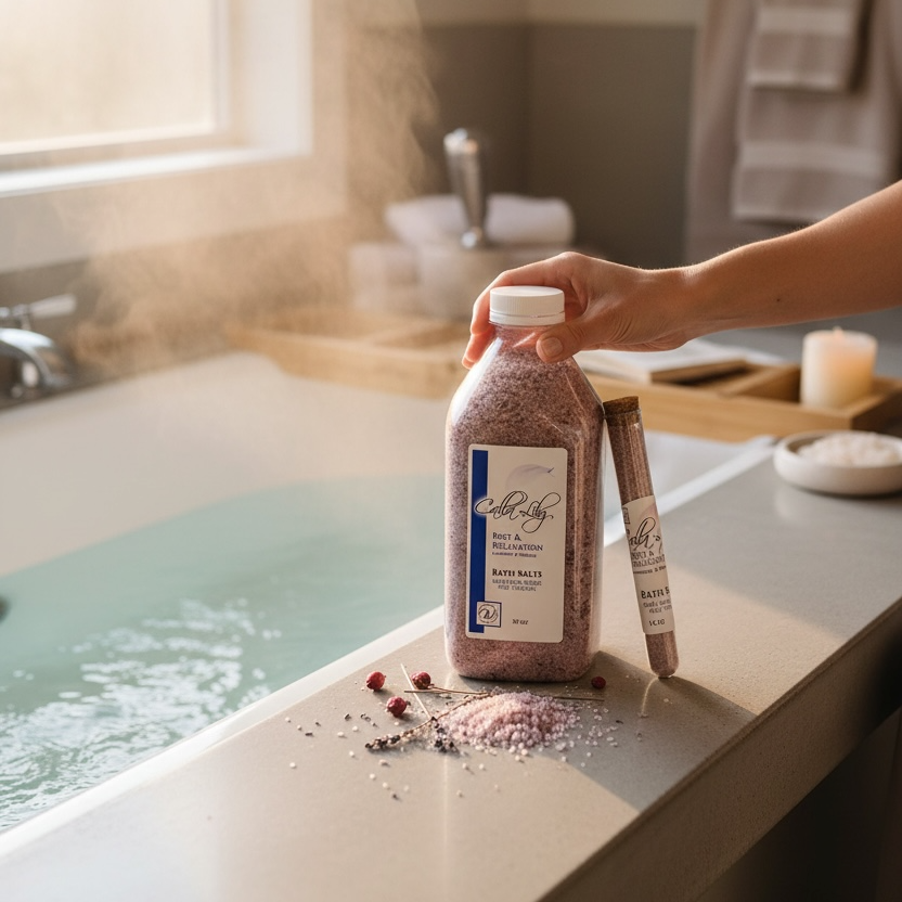 Person holding a bottle of bath salts by a bathtub with steam