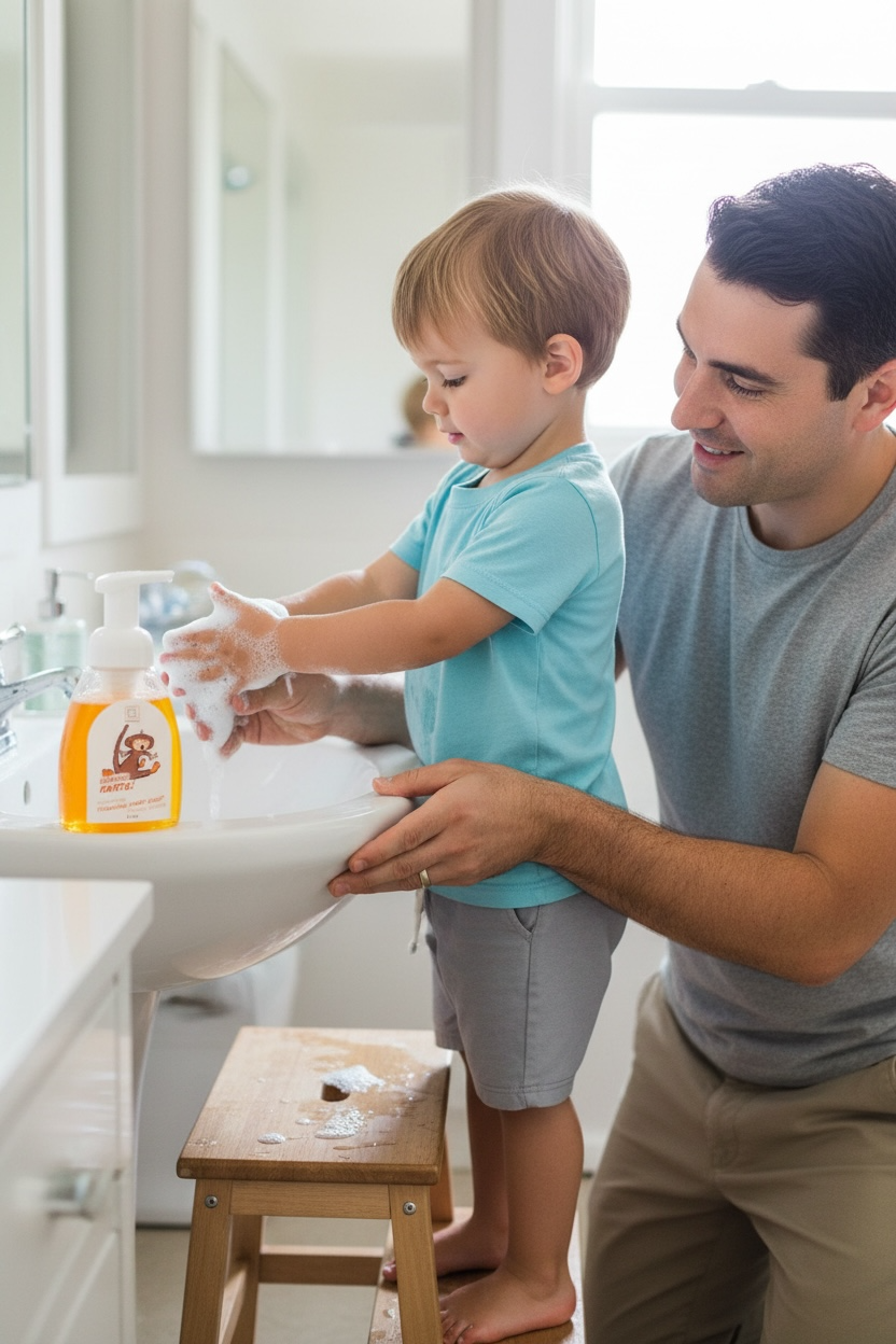 Man and child washing hands together in a bathroom
