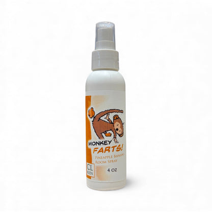 Bottle of 'Monkey Farts!' room spray on a white background