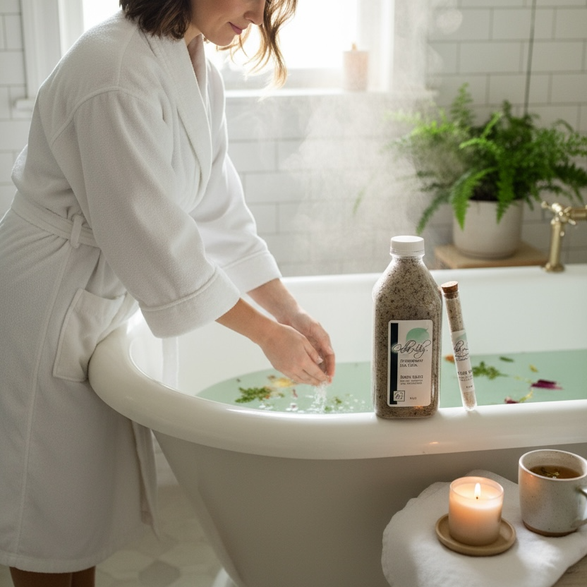 Woman in a bathrobe preparing to take a bath with a candle and cup on a stool.
