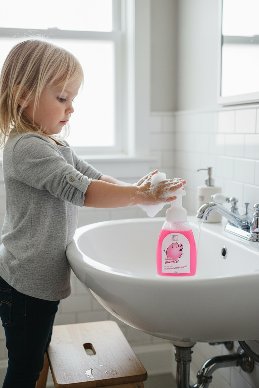 Child washing hands with soap at a sink in a bathroom