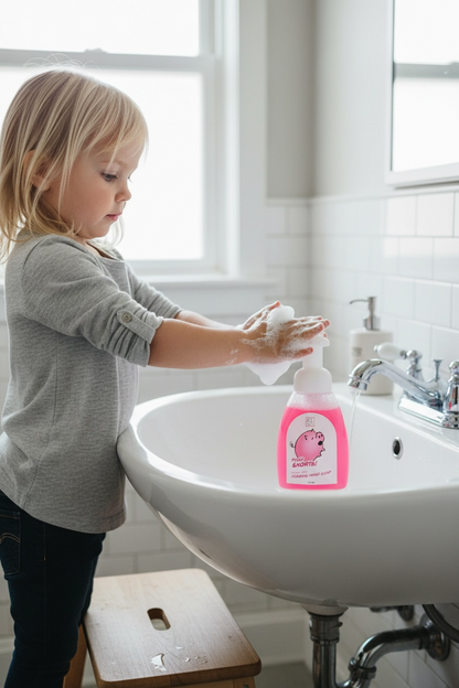 Child washing hands with soap at a sink in a bathroom
