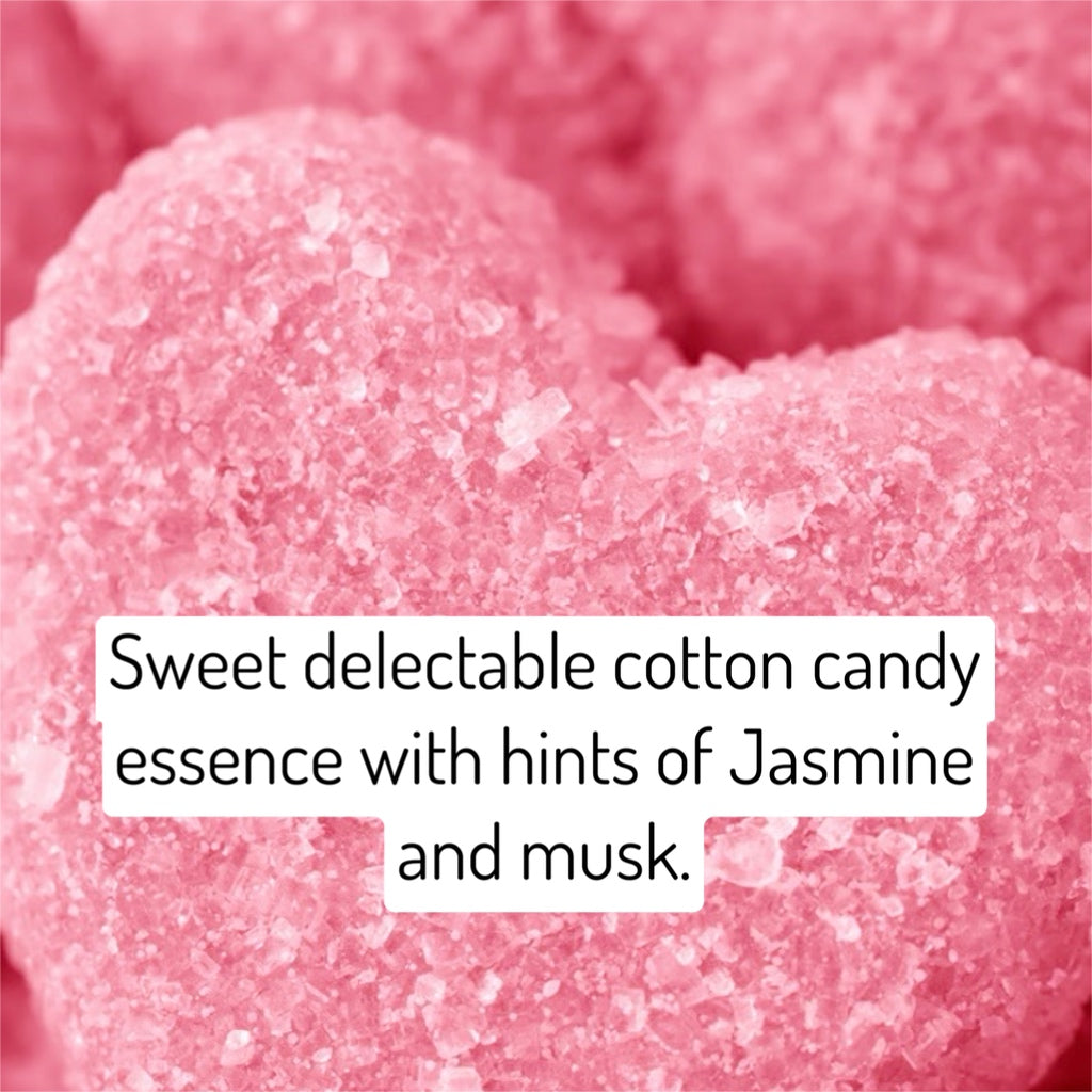 Close-up of pink cotton candy with text describing its flavor profile.