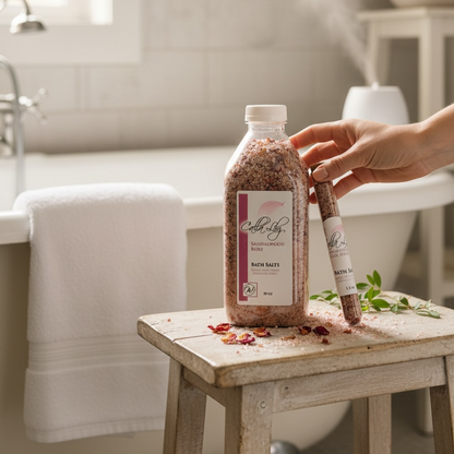 Person using a bath bomb with a brush in a bathroom setting