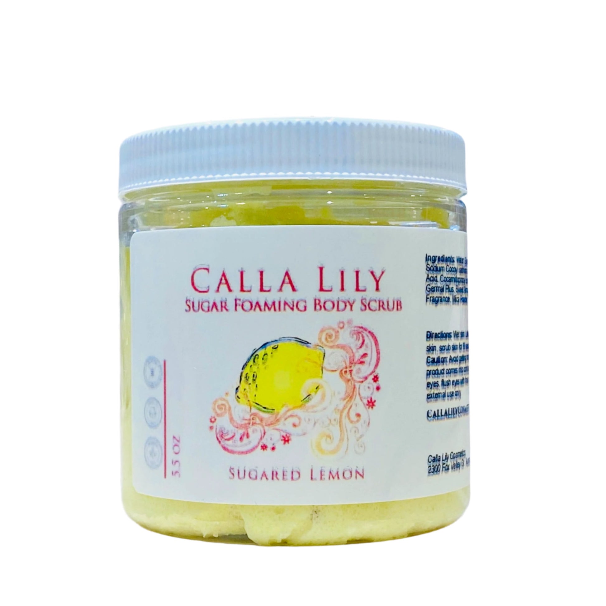 Jar of Calla Lily Sugar Foaming Body Scrub on a wooden surface