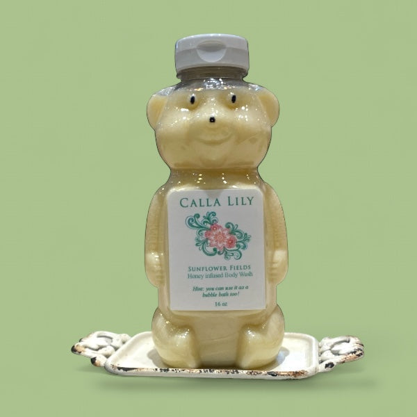 Bear-shaped honey container with 'Calla Lily' label on a green background