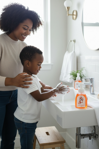 Woman and child washing hands in a bathroom with soap bottles on the sink.