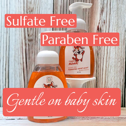 Bottles of soap with text highlighting sulfate-free, paraben-free, and gentle on baby skin properties.