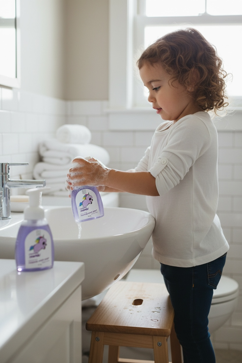 Child washing hands with soap at a sink in a bathroom